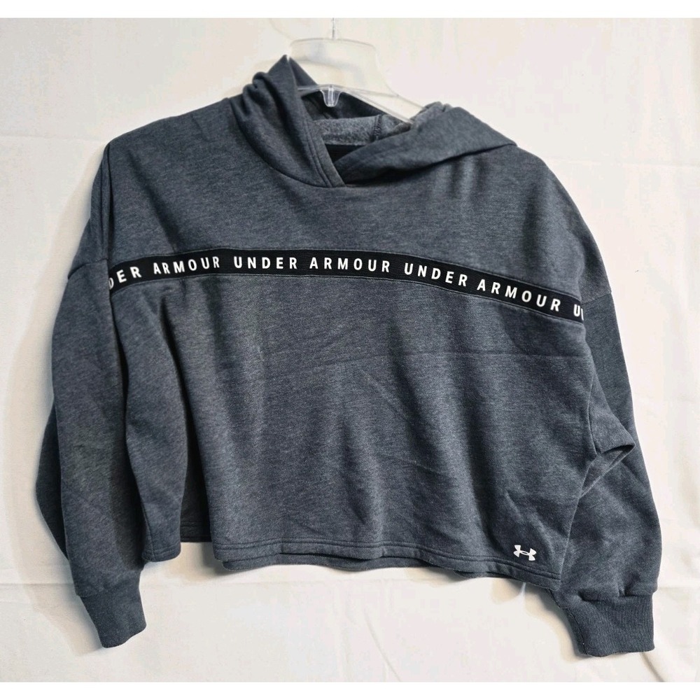 Under Armour Women's M Fleece Hoodie Gray Logo Tape Loose Cropped Pullover